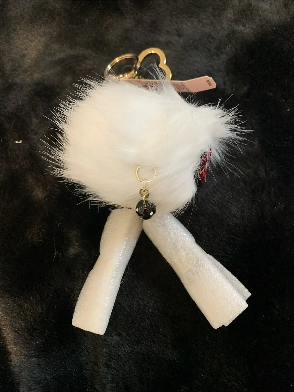 Victoria's Secret White Faux Fur Pom Pom Keychain with Red Sequin Lip Accent